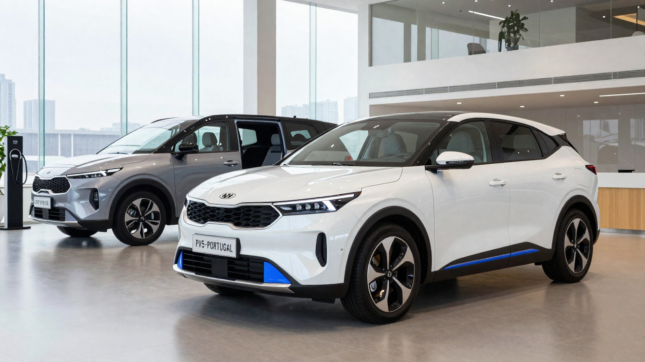 Dois SUVs Kia EV6 em showroom moderno, um branco em destaque à frente e outro cinza ao fundo.