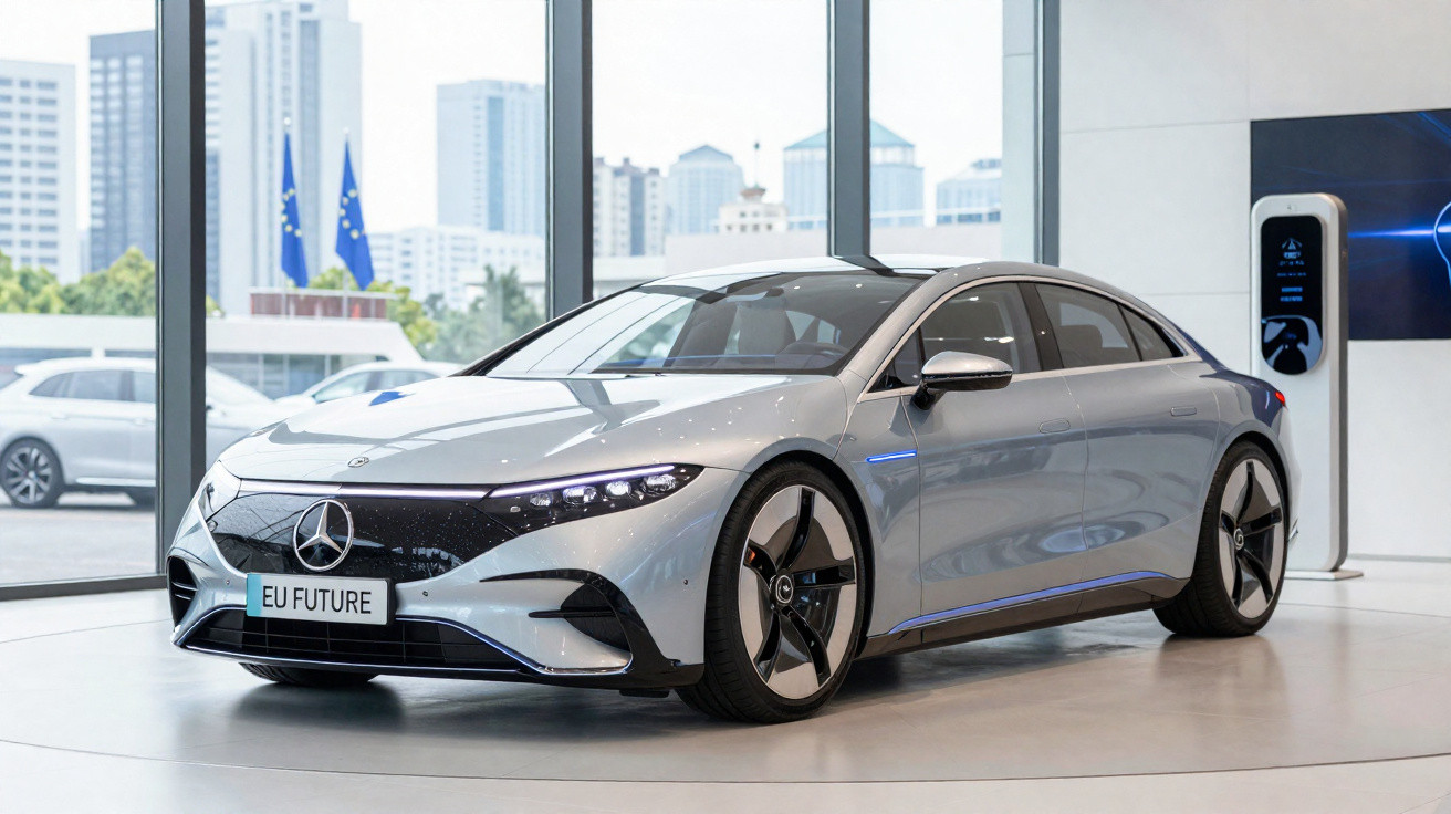 Carro elétrico prata da Mercedes-Benz estacionado em showroom com estação de recarga ao fundo.