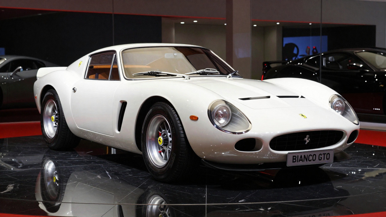 Carro esportivo clássico branco Ferrari Bianco GTO exposto em ambiente interno sofisticado.