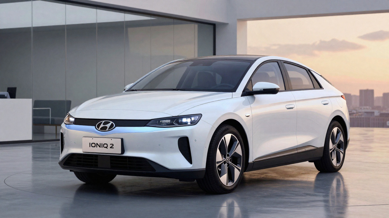 Carro branco Hyundai Ioniq 2 elétrico estacionado em área urbana moderna ao entardecer.