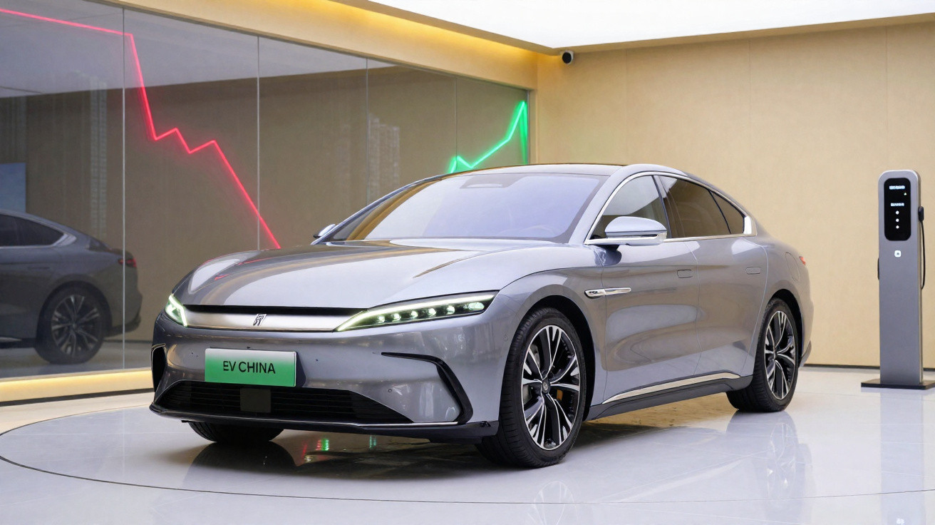 Carro elétrico prata em exposição, com painel de carregamento ao lado, refletindo em piso brilhante.