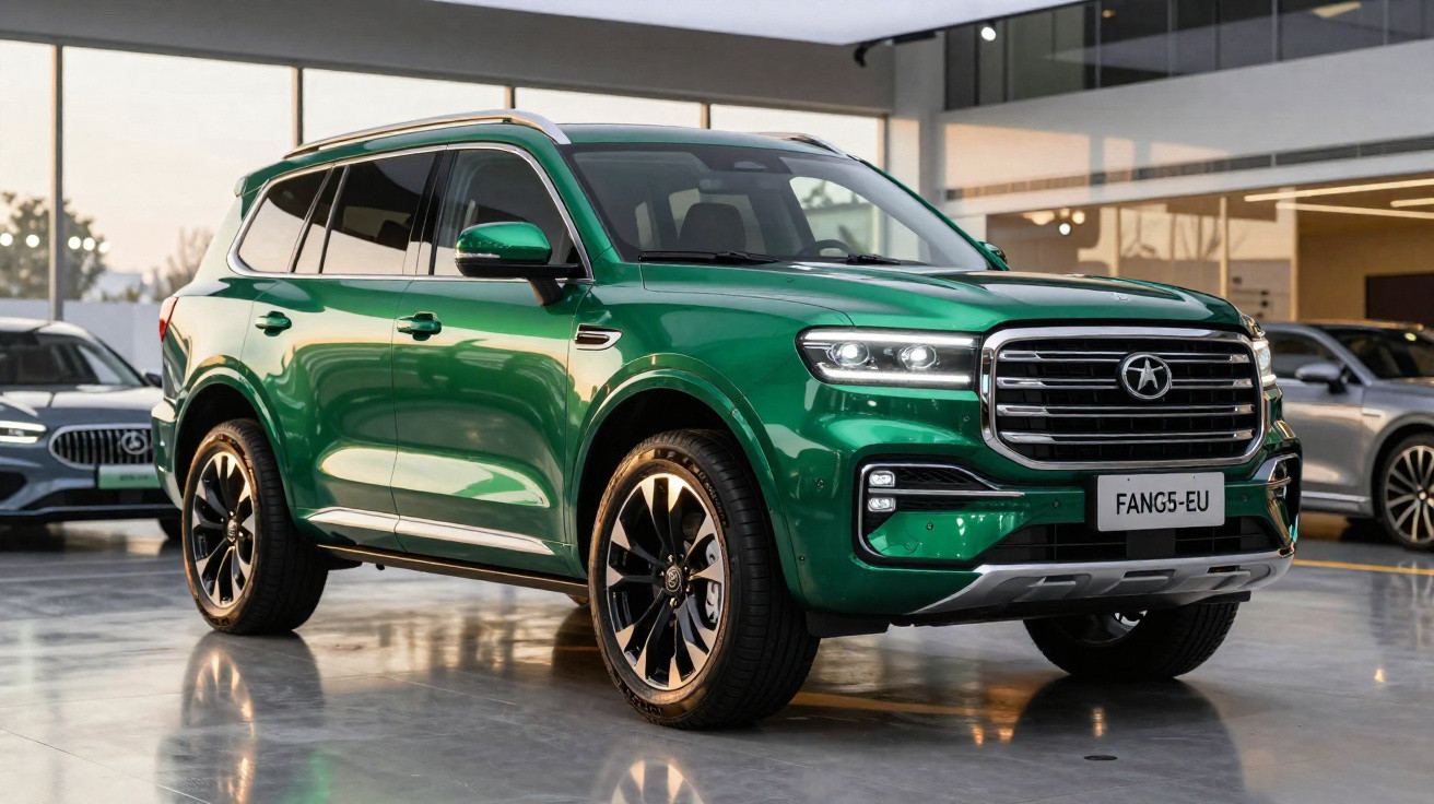 SUV verde estacionado em showroom moderno com piso brilhante e outras veículos ao fundo.