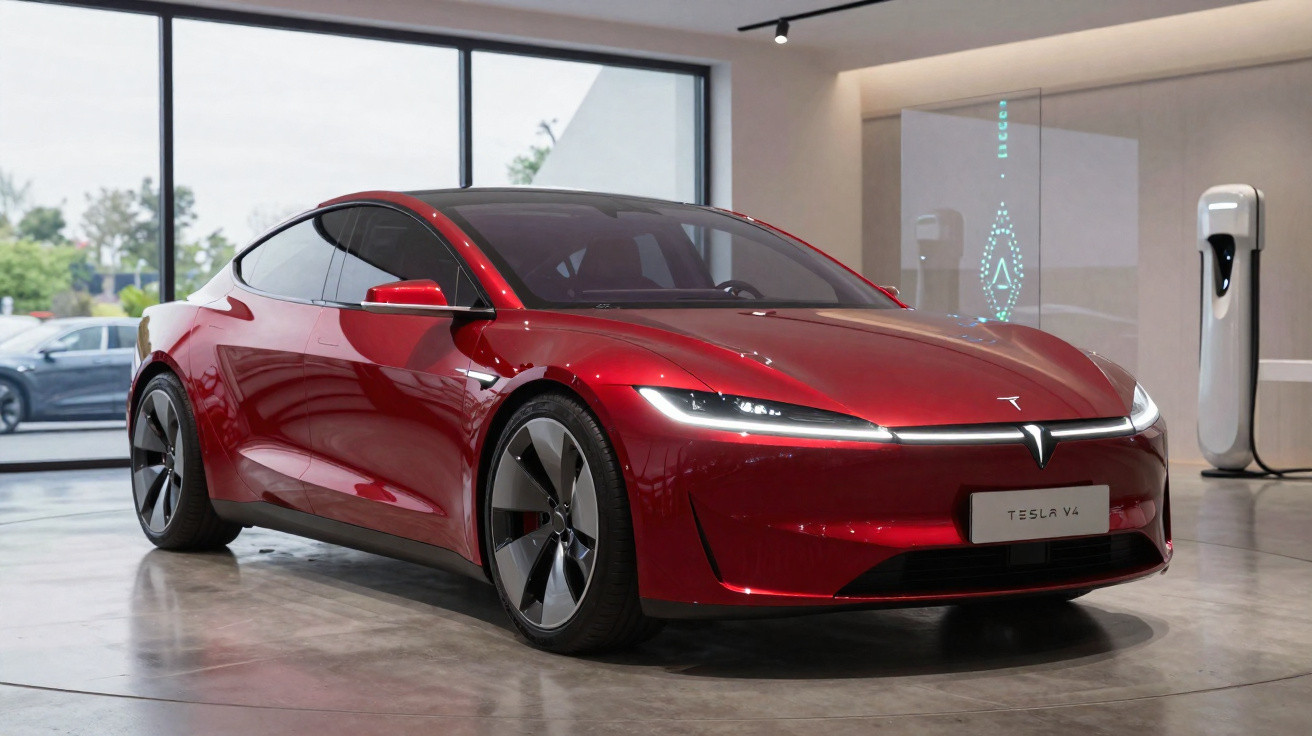 Carro elétrico vermelho Tesla V4 estacionado em showroom moderno com carregadores ao fundo.