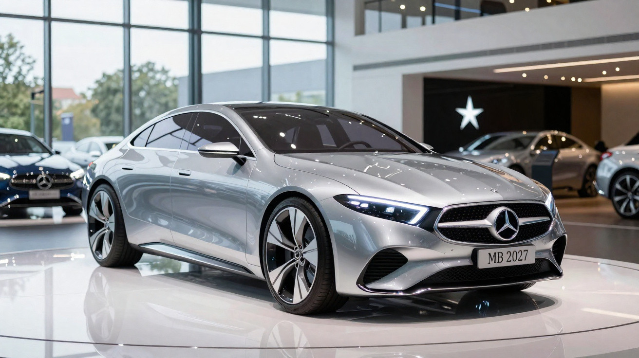 Carro prateado Mercedes-Benz exposto em showroom moderno e iluminado, modelo MB 2027.
