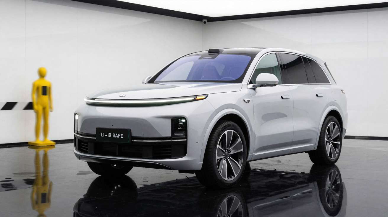 Carro SUV elétrico branco estacionado em ambiente interno com manequim amarelo ao fundo.