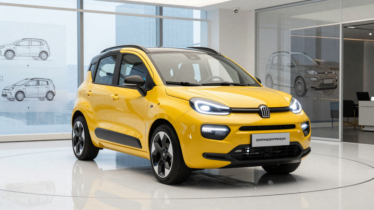 Carro compacto amarelo Fiat em exposição, com faróis acesos em sala moderna de design automotivo.