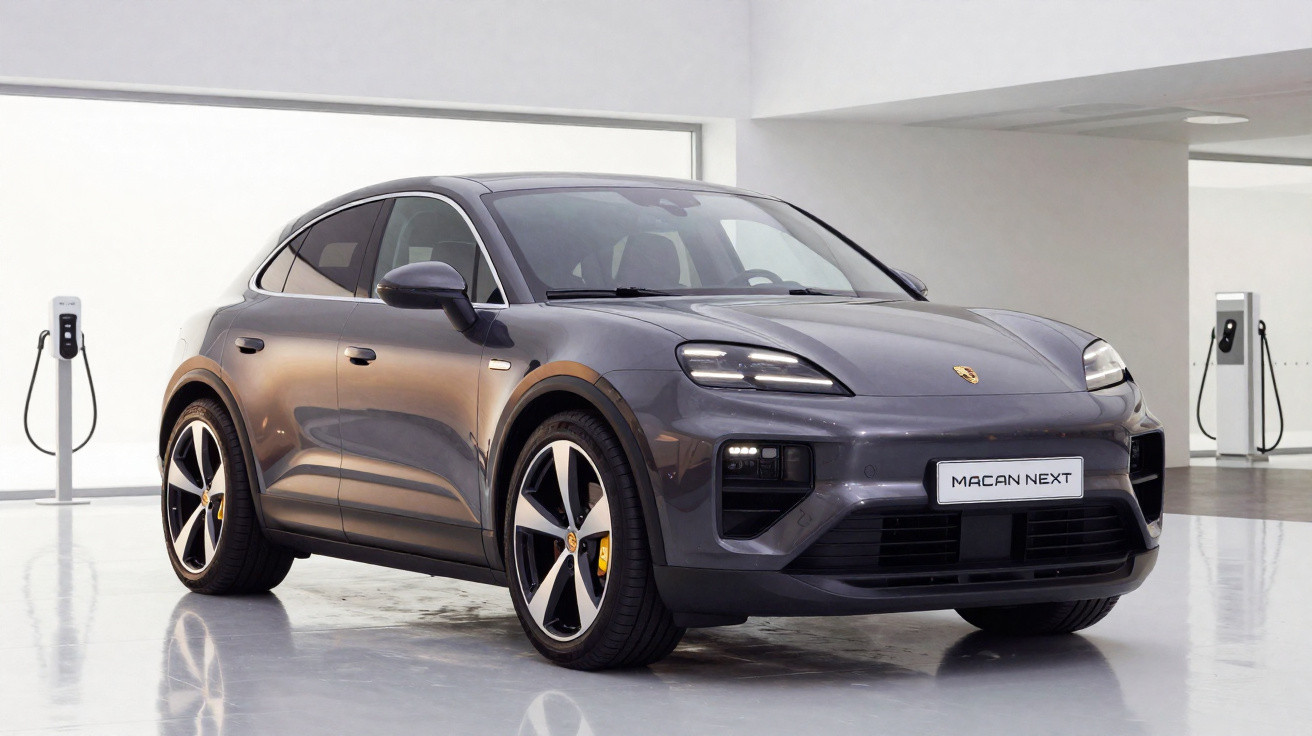 Carro elétrico cinza Porsche Macan Next estacionado em ambiente interno com estações de recarga ao fundo.