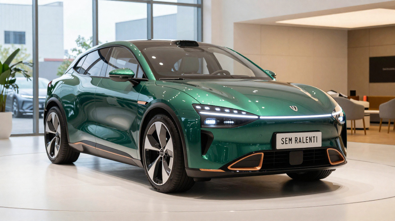 Carro elétrico verde metálico exposto em showroom com placa escrita "SEM RALENTI".