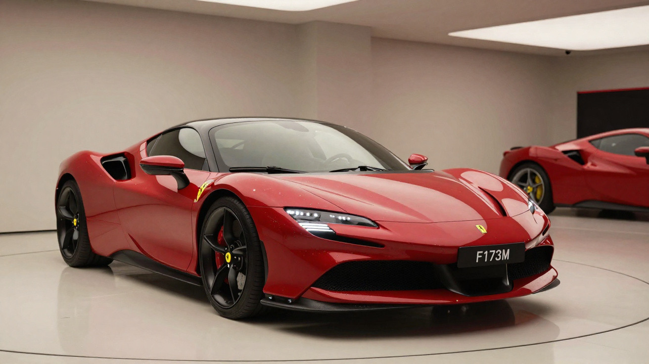Carro esportivo vermelho Ferrari em exposição com design aerodinâmico e rodas pretas.