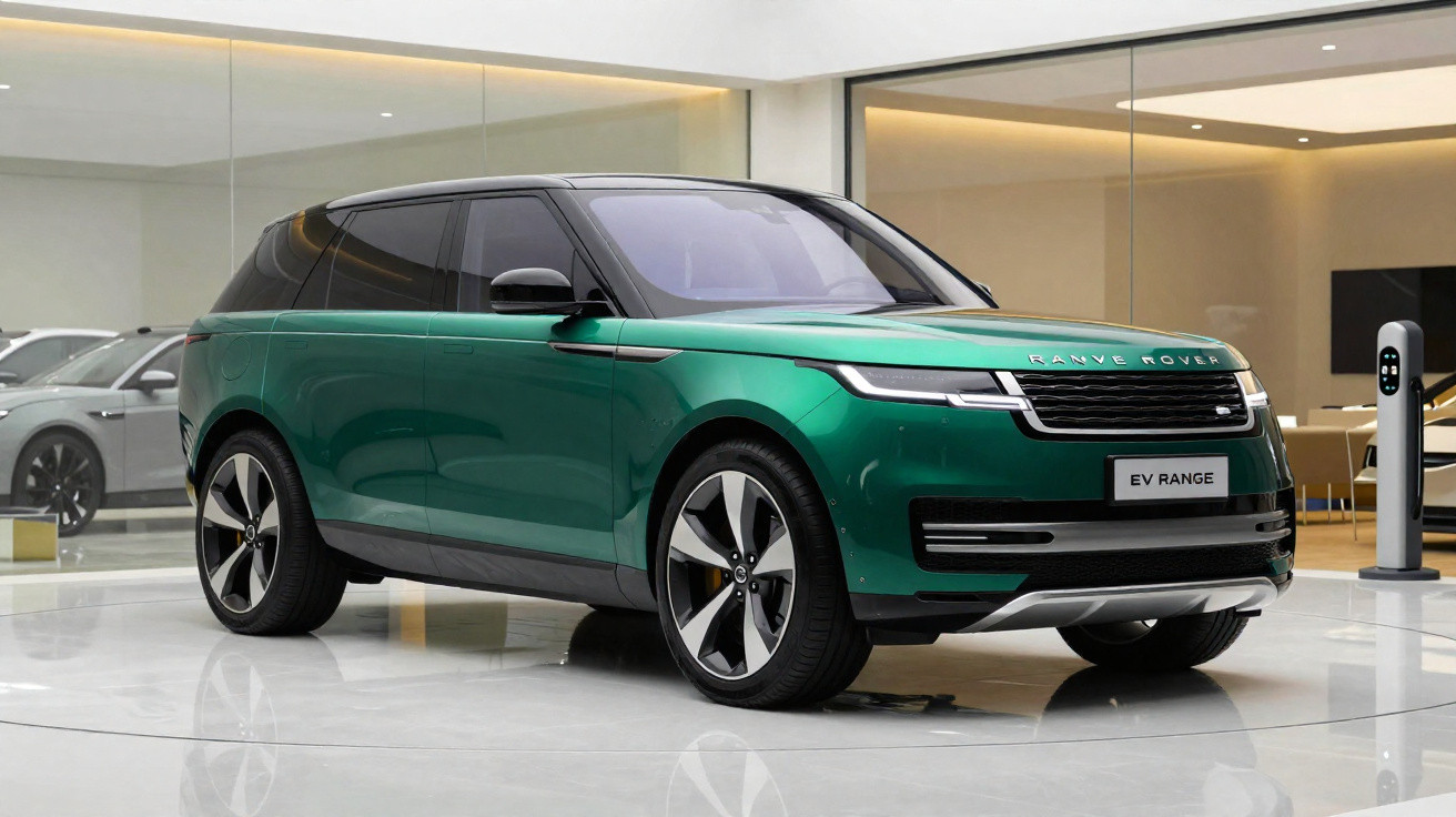 Carro SUV elétrico Range Rover EV Range verde em exposição interna moderna.