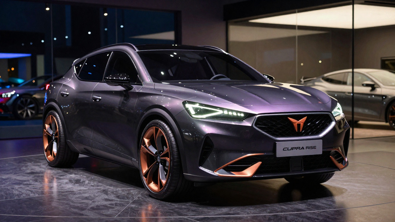 Carro elétrico Cupra Rise cinza metálico com detalhes em cobre em showroom moderno e iluminado.