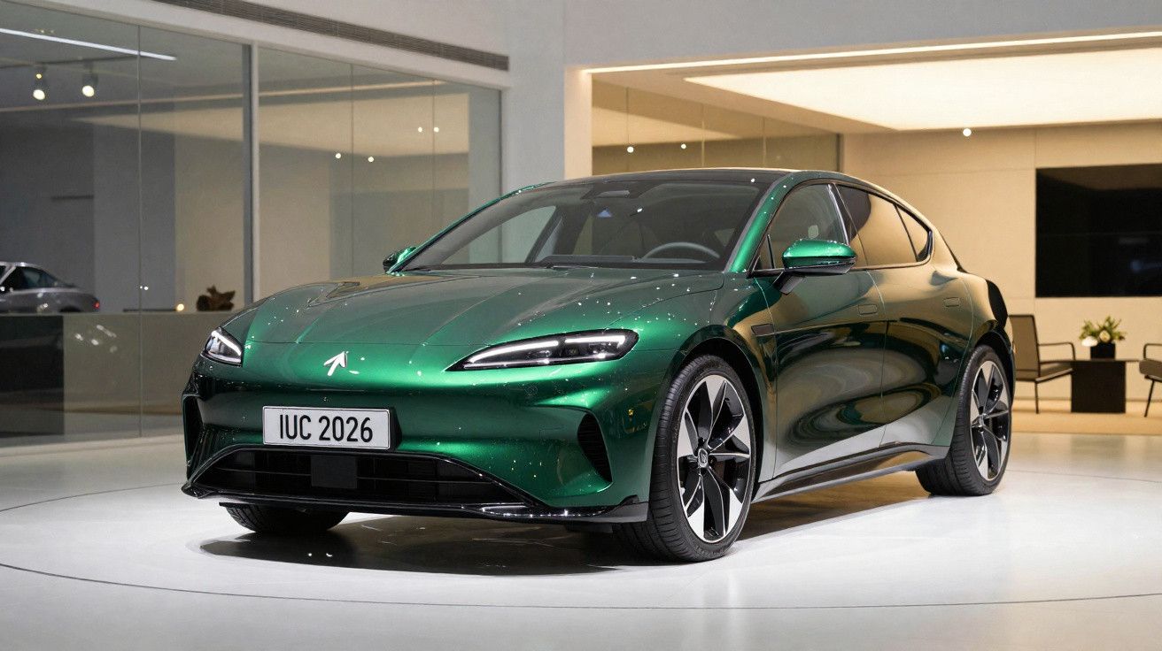 Carro elétrico esportivo verde metálico exibido em ambiente interno moderno e bem iluminado.