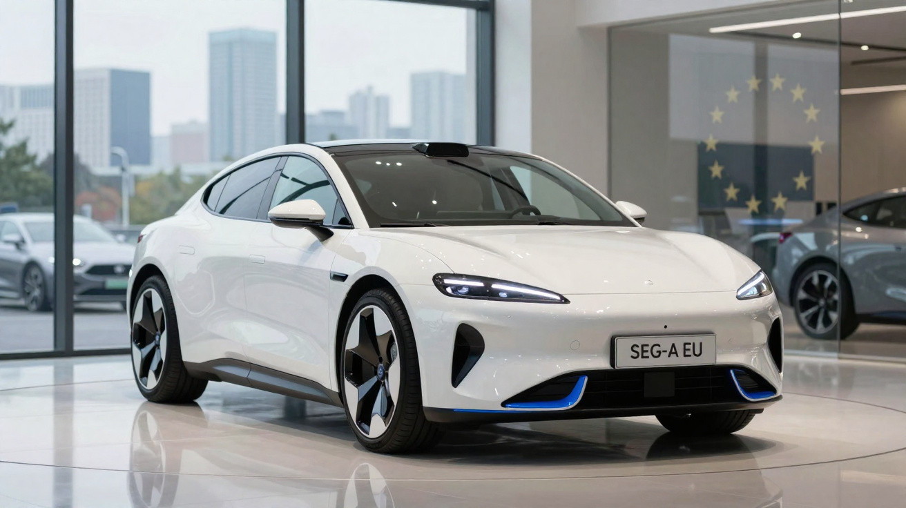 Carro elétrico branco moderno exposto em showroom com janelas grandes e vista urbana ao fundo.