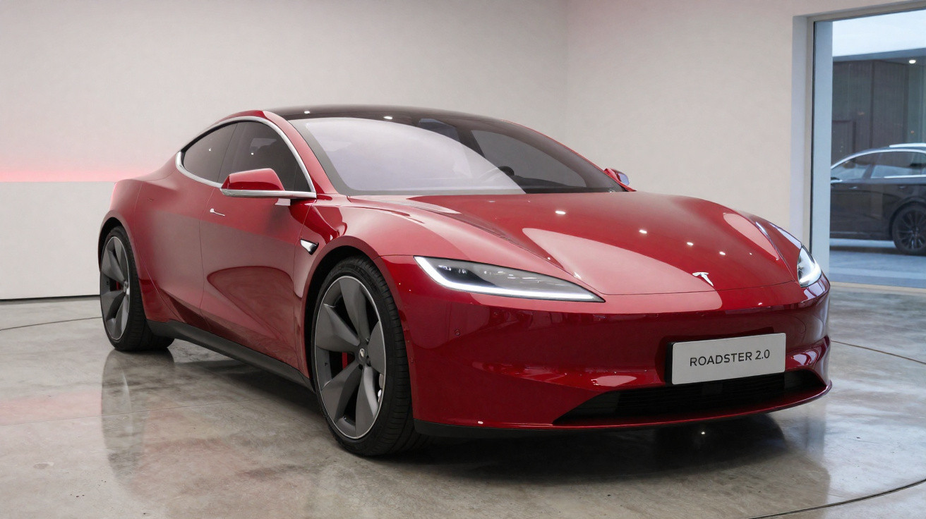Carro esportivo elétrico Tesla Roadster 2.0 vermelho em showroom moderno com piso de concreto polido.