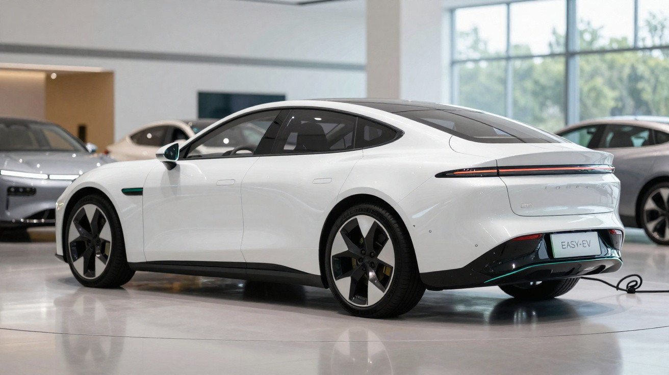 Carro elétrico branco estacionado em showroom com design moderno e linhas aerodinâmicas.