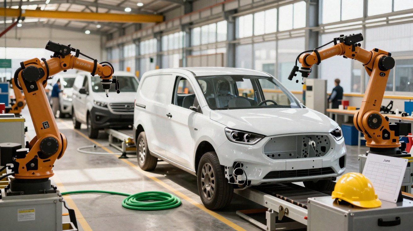 Linha de montagem automatizada com robôs montando veículos brancos em fábrica iluminada.