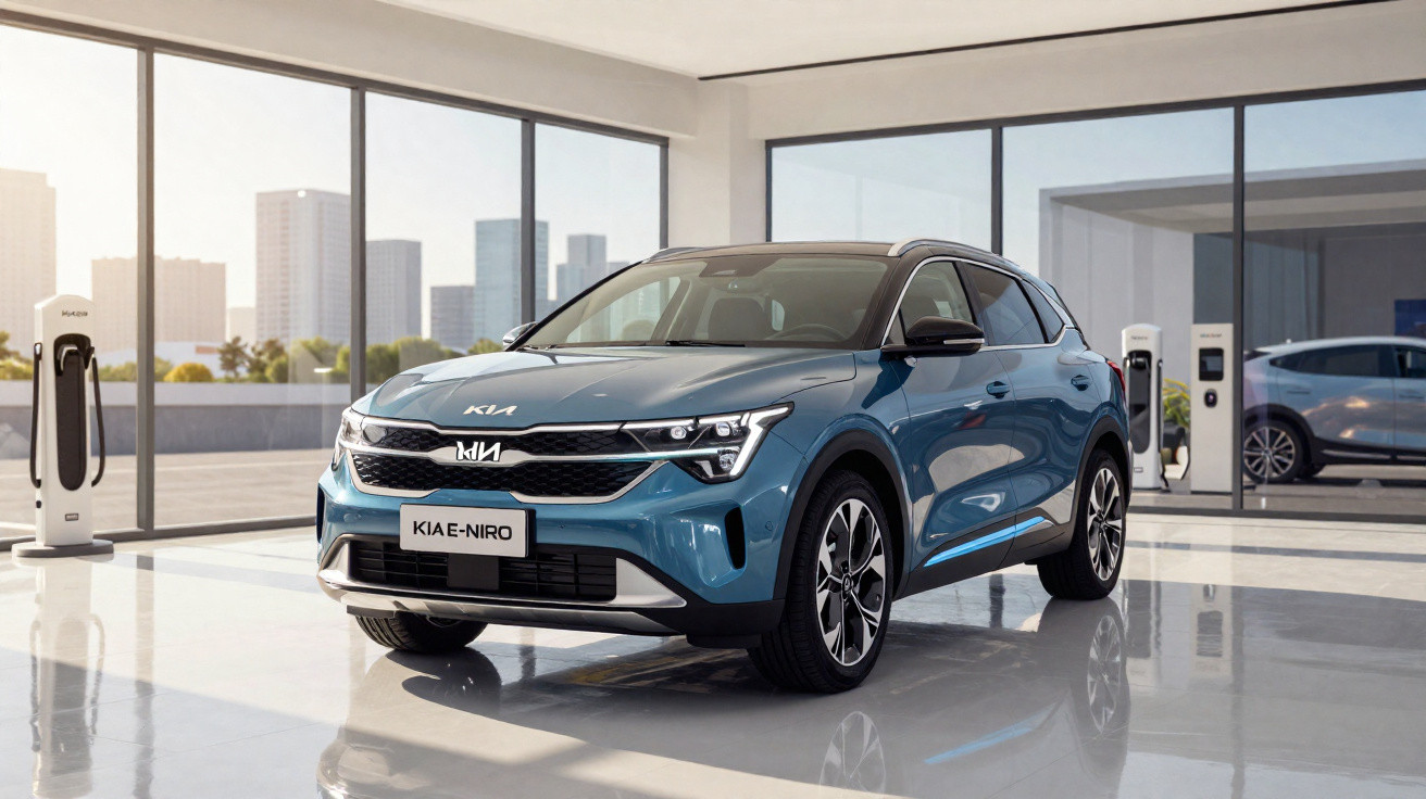 Carro elétrico Kia e-Niro azul em showroom moderno com estações de recarga e vista urbana ao fundo.