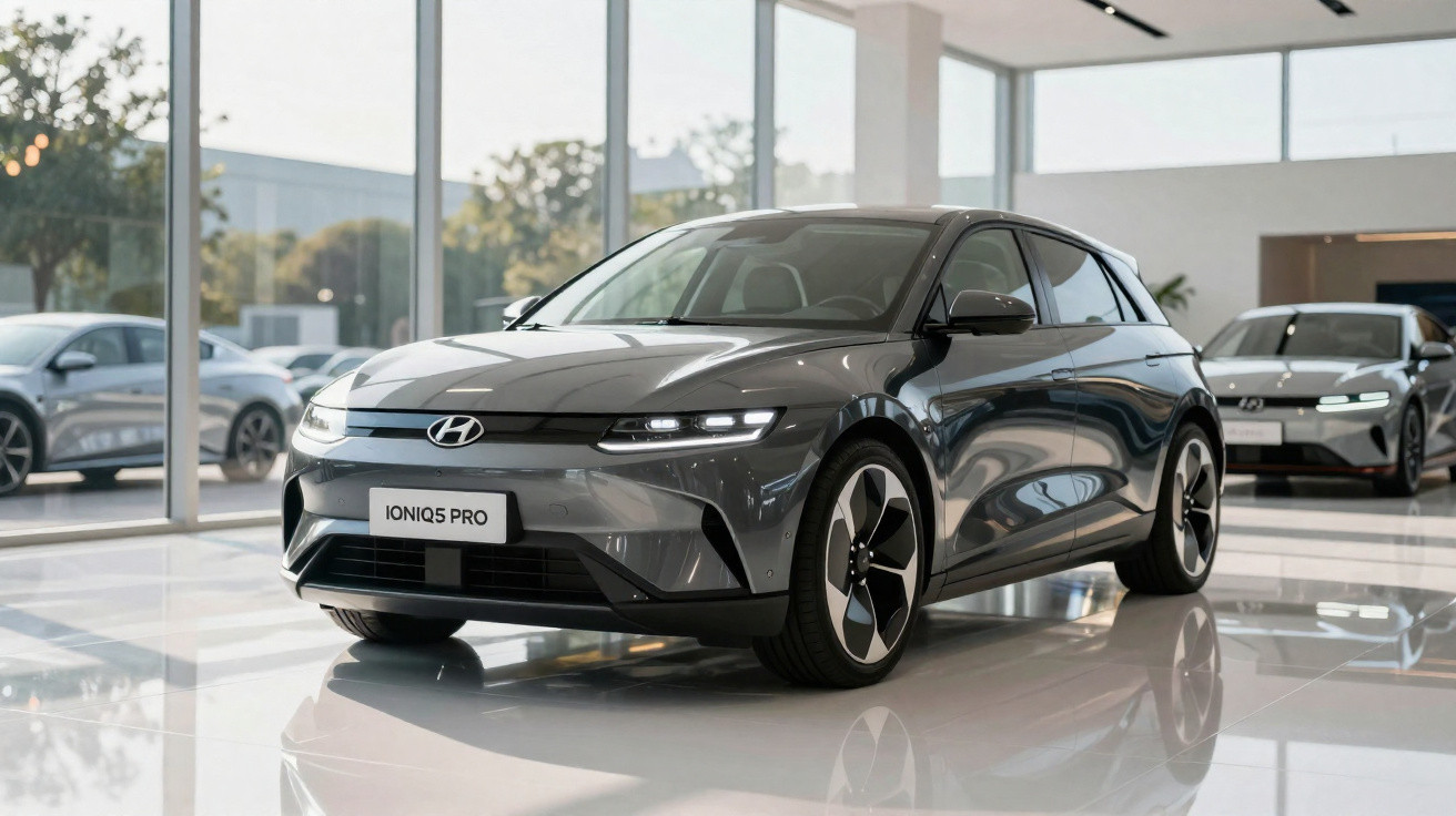 Carro elétrico Hyundai Ioniq 5 Pro cinza exibido em showroom moderno com grandes janelas.