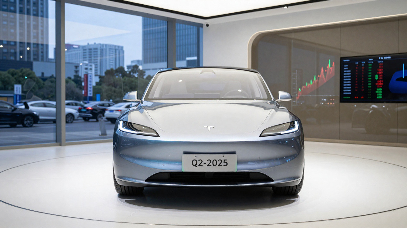 Carro elétrico Tesla prateado exibido em showroom moderno com placa Q2-2025.
