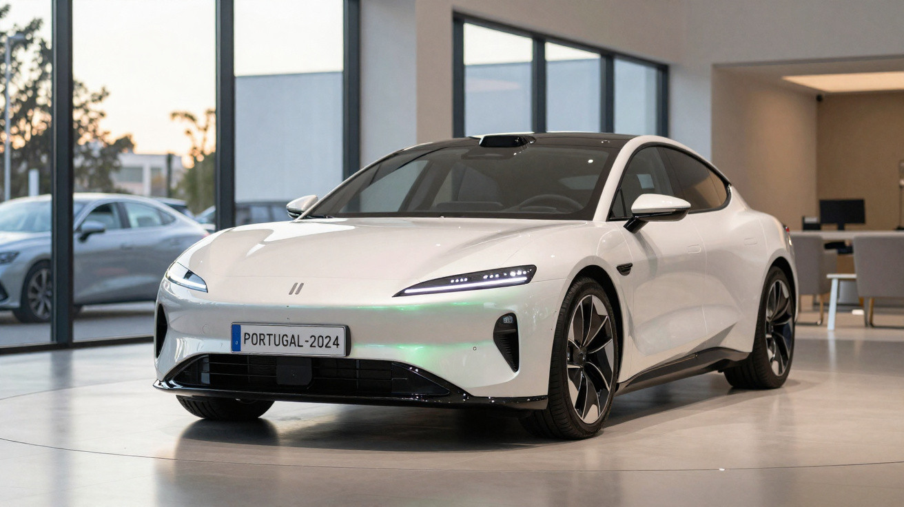 Carro elétrico branco moderno estacionado dentro de uma sala com janelas grandes.