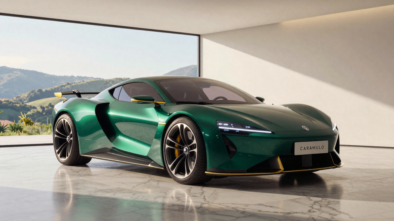 Carro esportivo verde metálico em salão com piso de mármore e janela grande mostrando paisagem montanhosa.