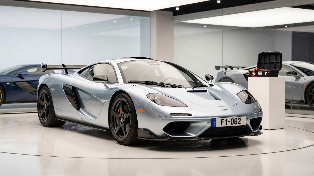 Carro esportivo prata McLaren F1 exposto em ambiente interno moderno com espelhos ao fundo.