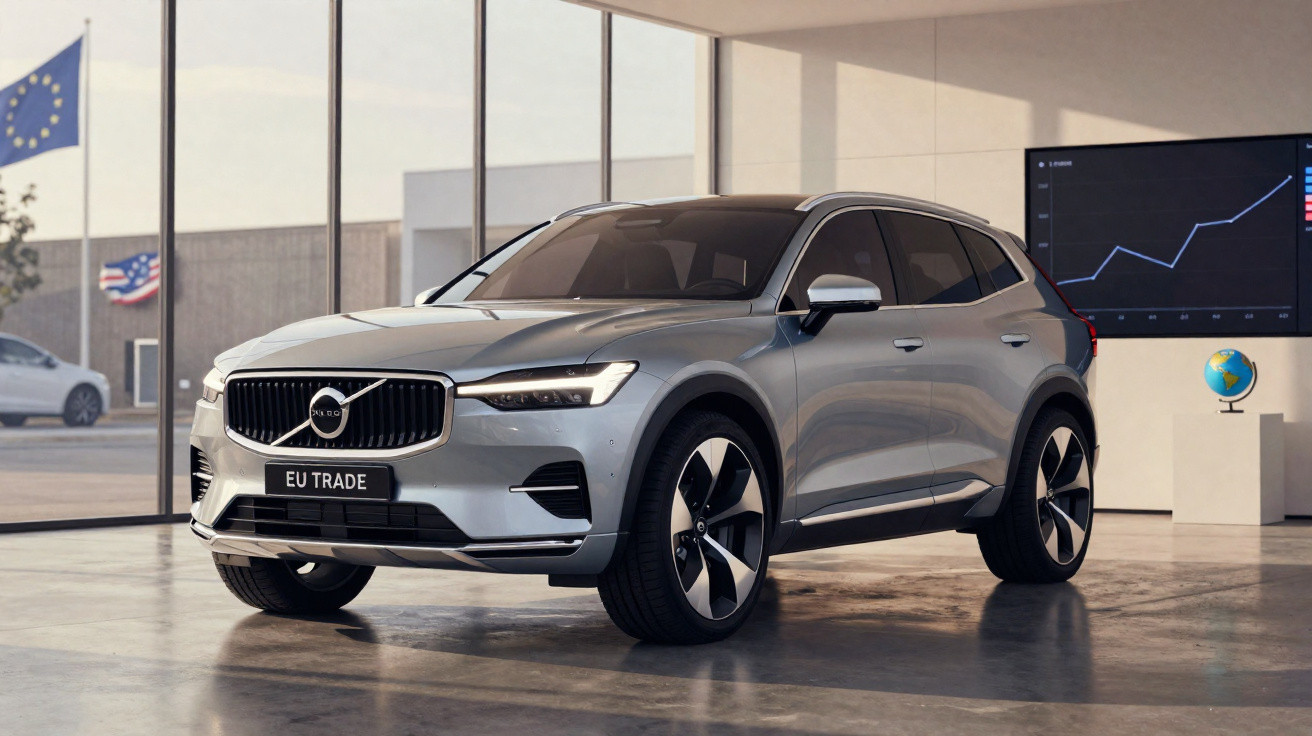 Carro elétrico Volvo cinza estacionado em ambiente interno moderno com janelas grandes e gráficos ao fundo.