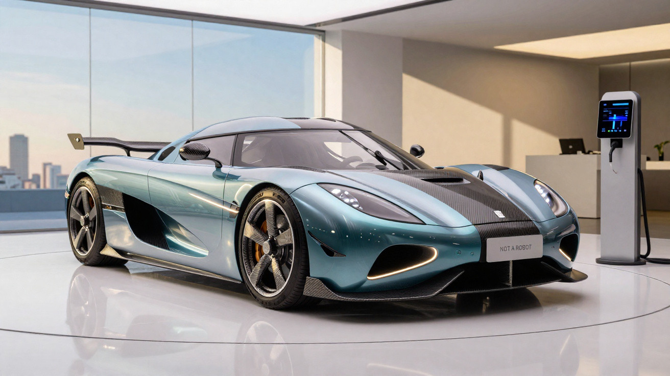 Carro esportivo azul metálico com detalhes em fibra de carbono em exposição dentro de ambiente moderno.
