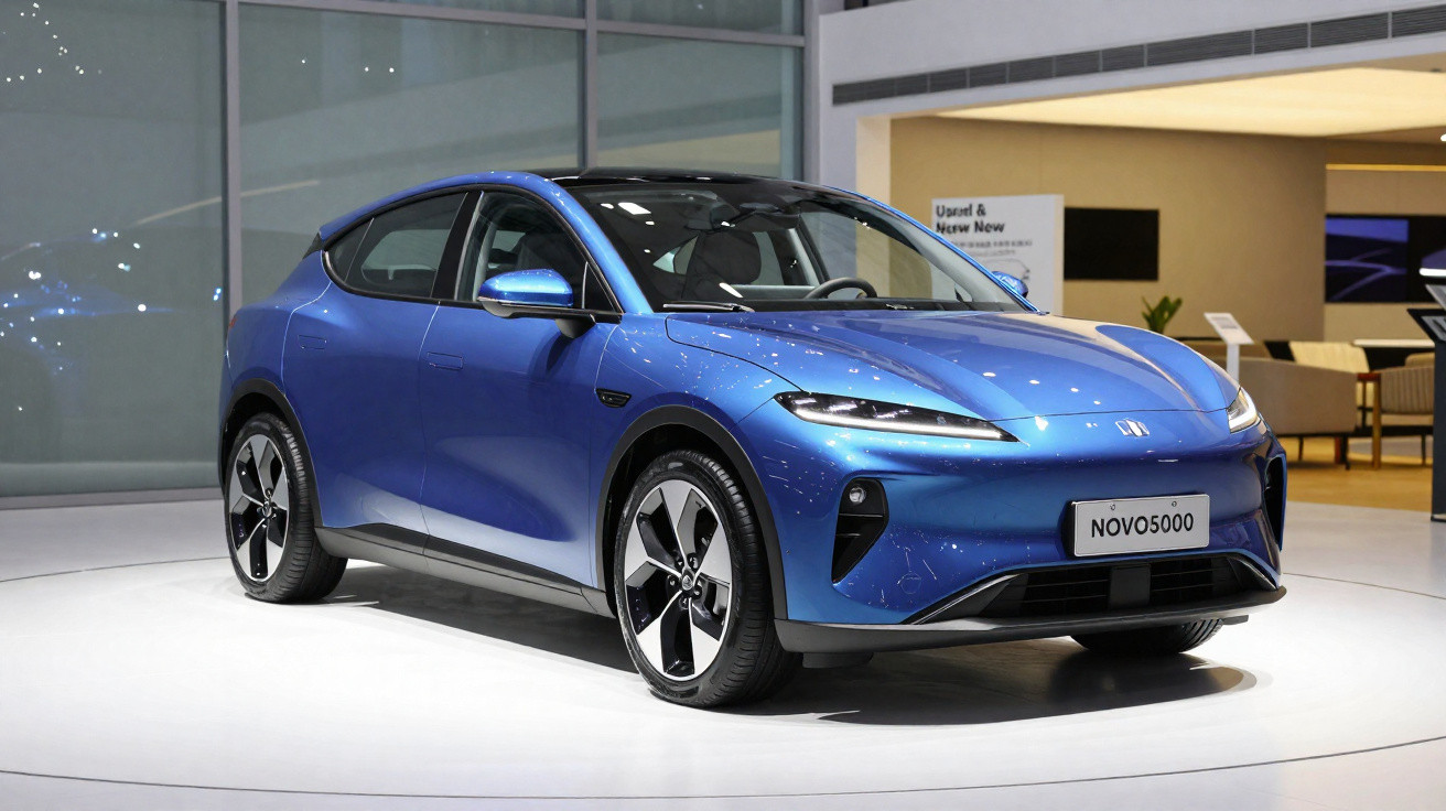 Carro elétrico azul modelo Novo 5000 exposto em ambiente interno branco e moderno.
