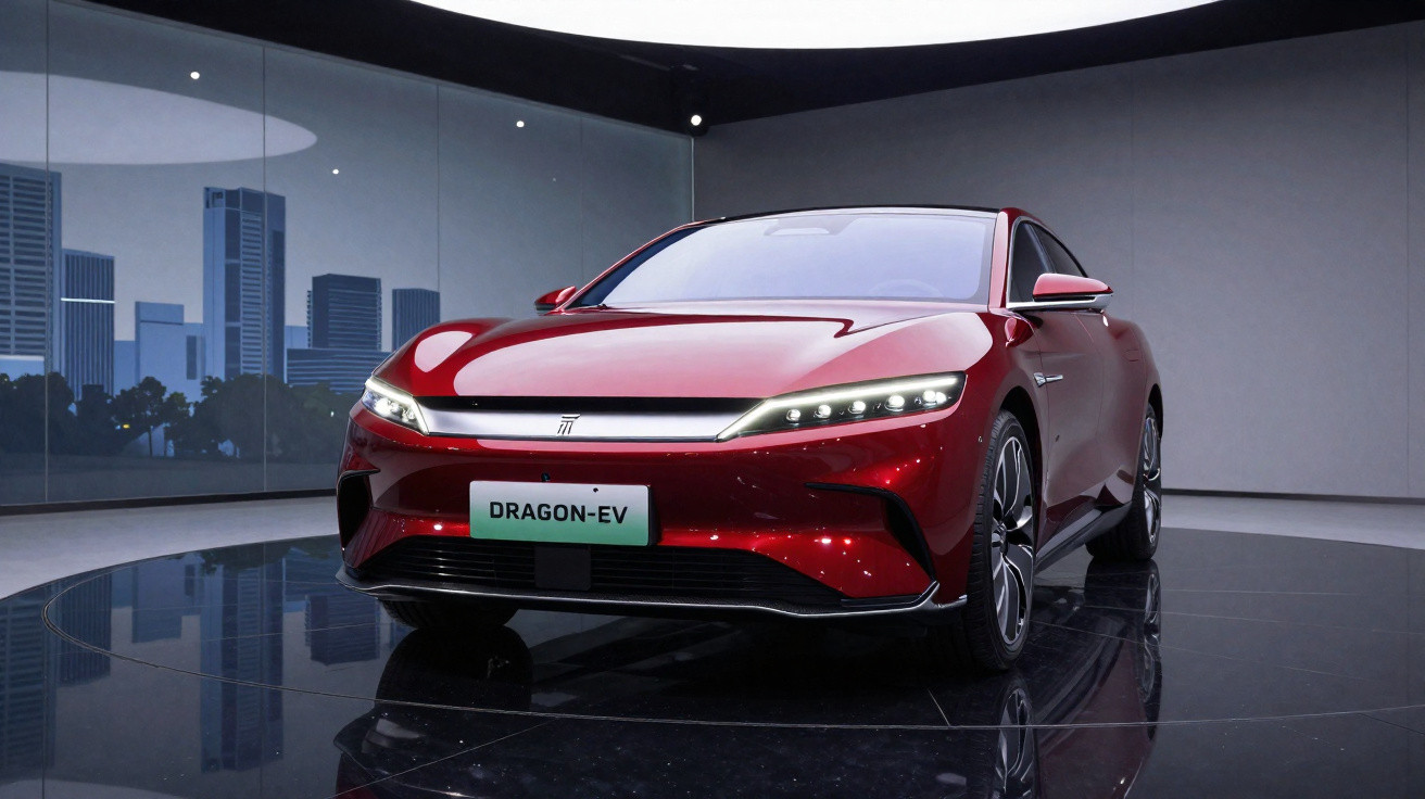Carro elétrico vermelho Dragon-EV em exposição moderna com reflexo no piso preto brilhante.