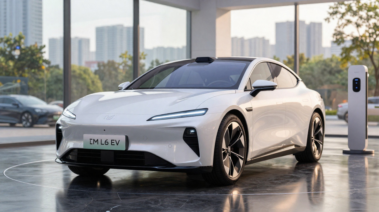 Carro elétrico branco TM L6 EV estacionado em showroom moderno com paredes de vidro e cidade ao fundo.
