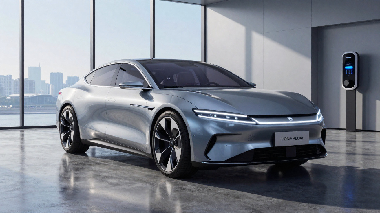 Carro elétrico prata estacionado em ambiente moderno com carregador de parede e janela com vista urbana ao fundo.