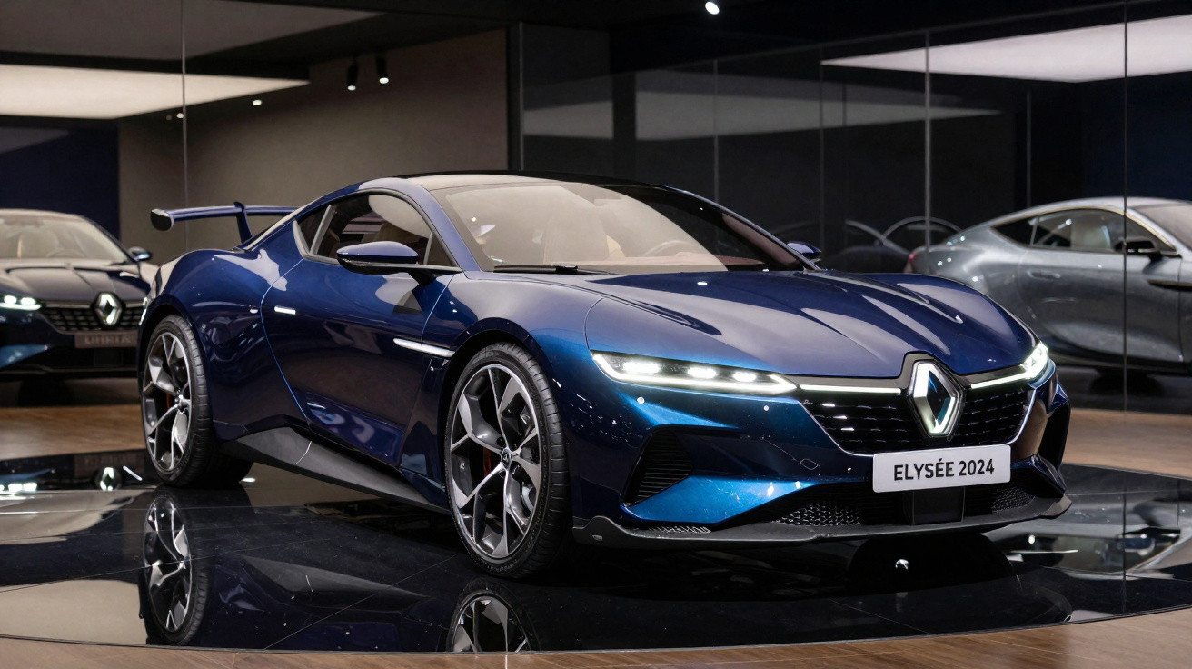 Carro esportivo azul Renault Elysée 2024 exposto em showroom sofisticado com piso espelhado.