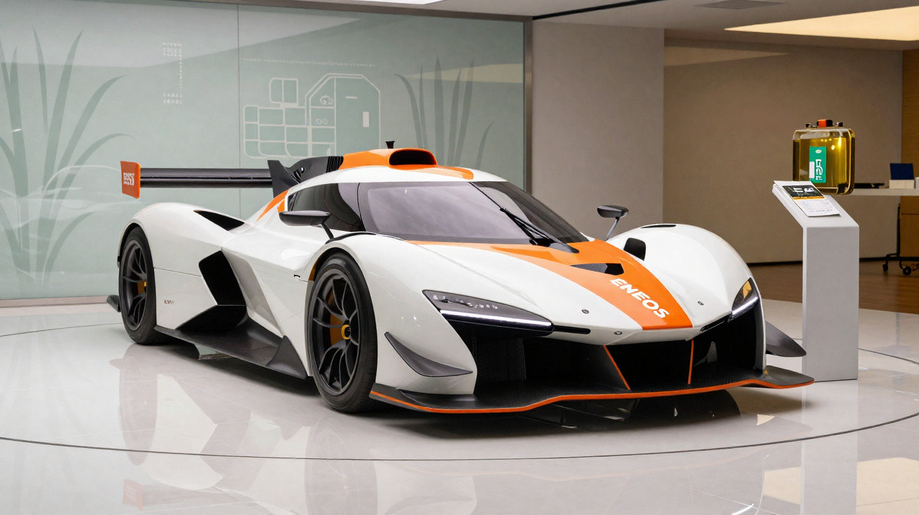 Carro esportivo branco com detalhes laranja exposto em salão moderno com piso branco brilhante.