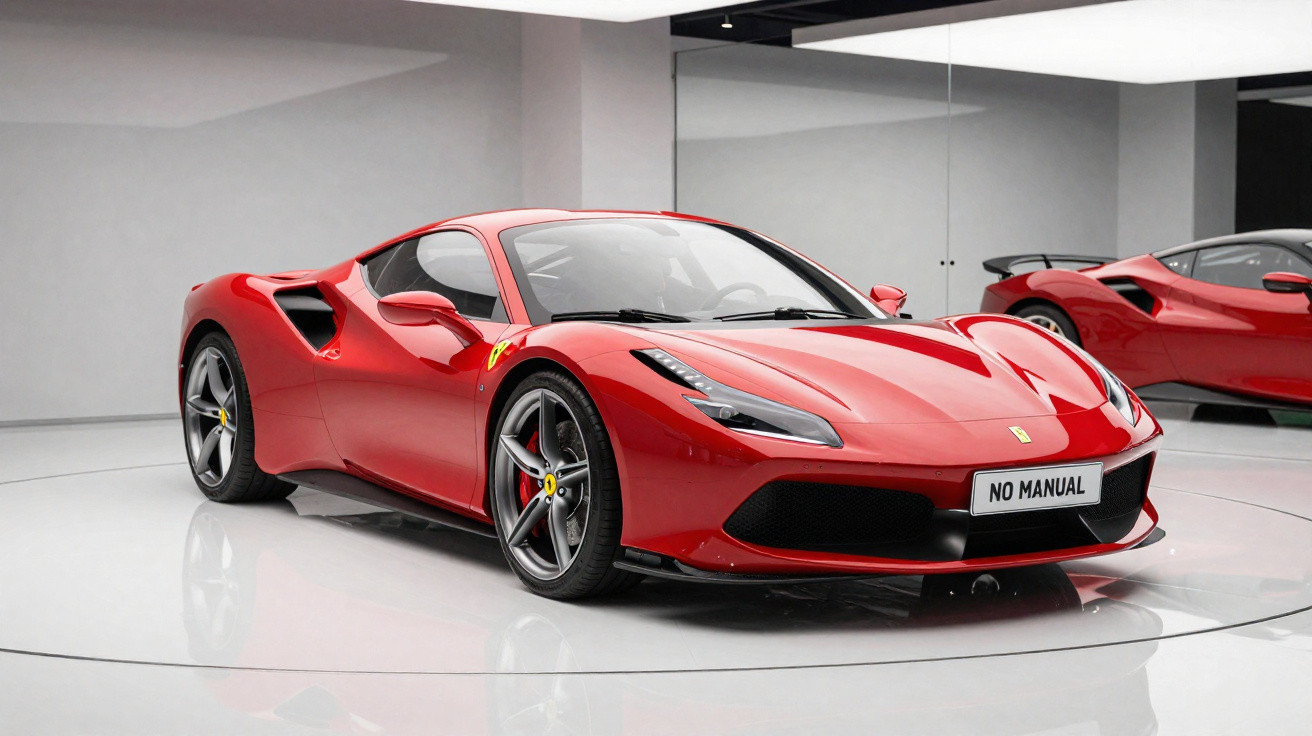 Carro esportivo vermelho Ferrari estacionado em ambiente interno com piso branco e espelho na parede.
