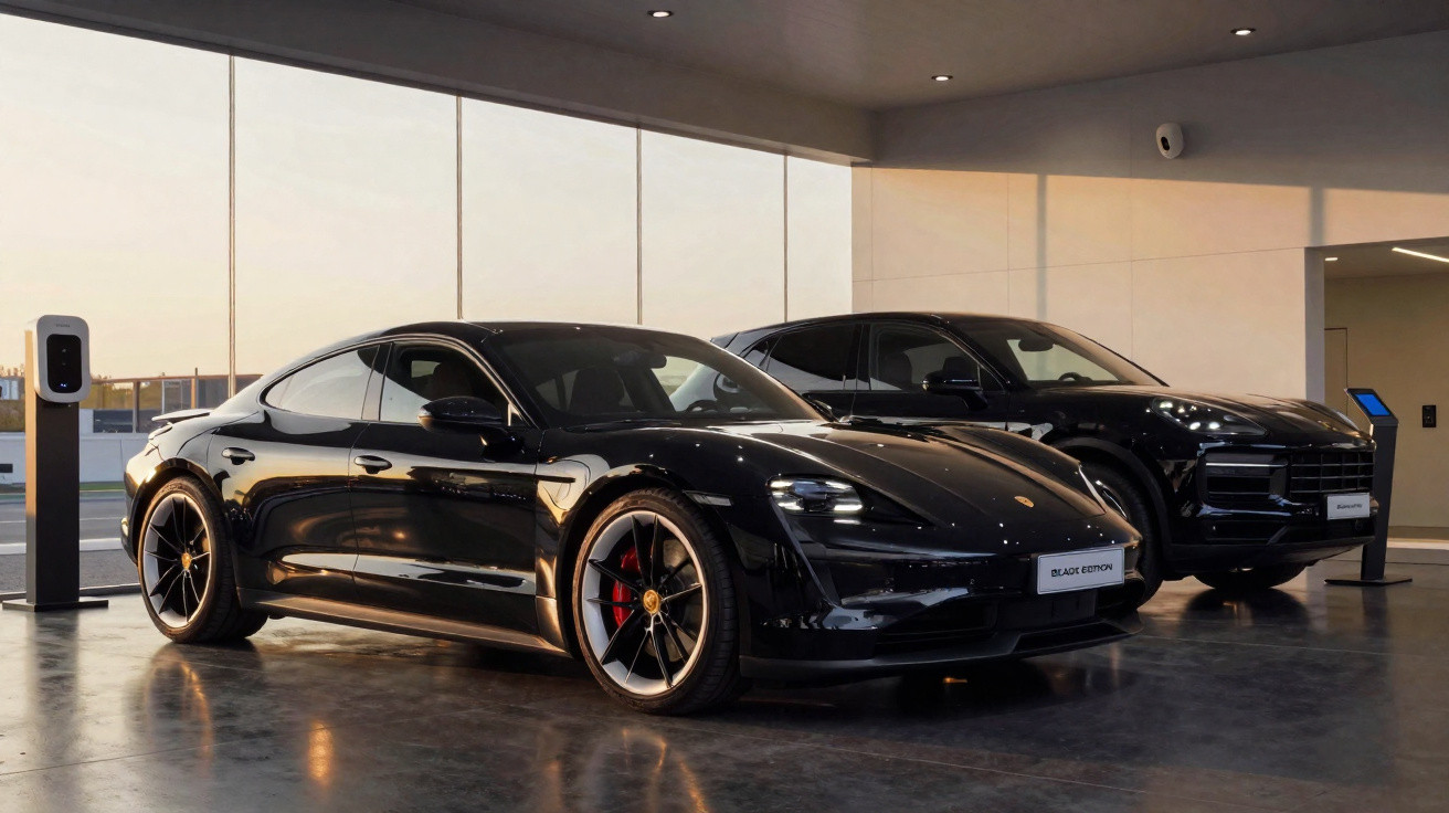 Dois carros esportivos pretos estacionados em showroom moderno com iluminação ambiente e piso refletivo.
