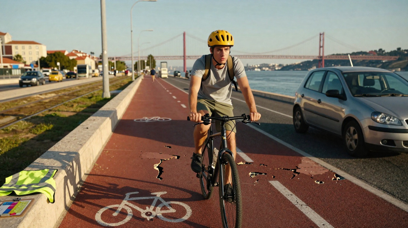 Homem jovem de capacete amarelo pedalando bicicleta em ciclovia vermelha à beira do rio com carro ao lado.