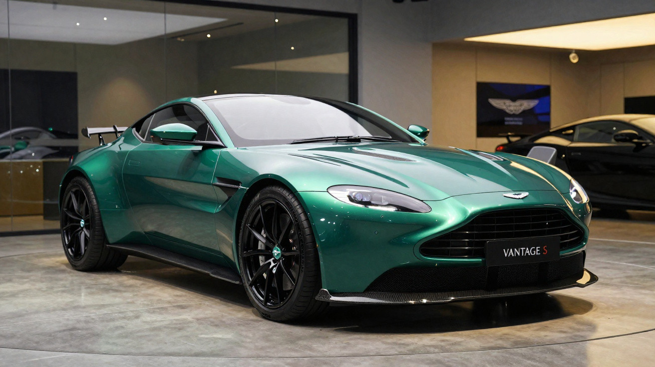 Carro esportivo Aston Martin Vantage S verde em exposição em ambiente interno iluminado.