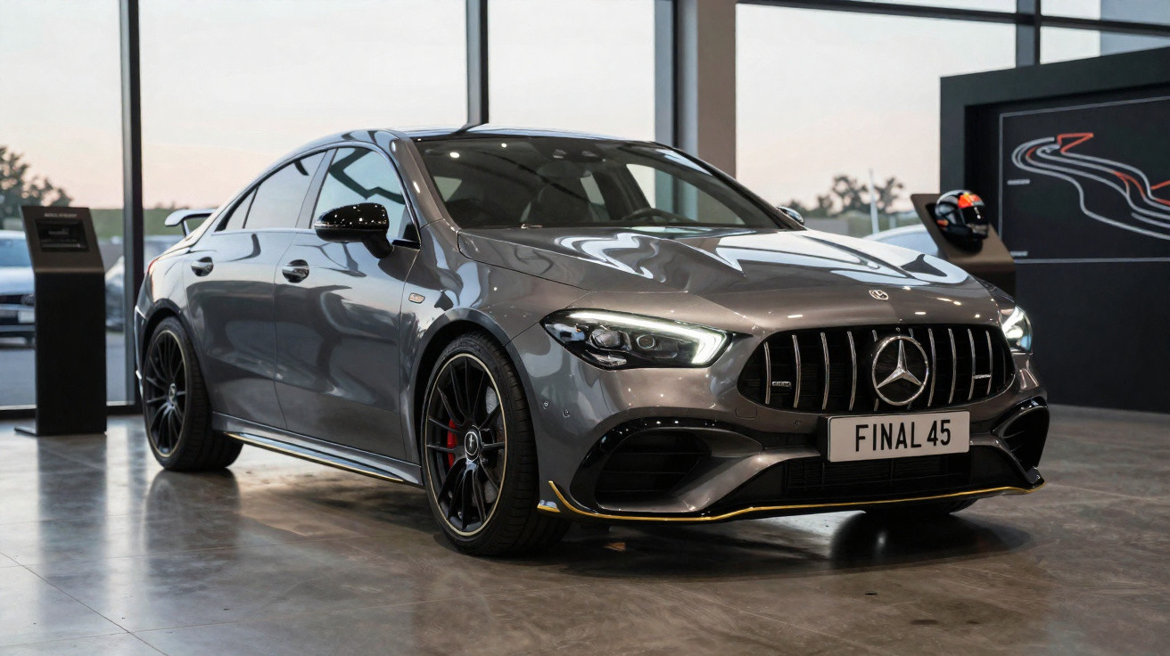 Carro esportivo Mercedes-Benz cinza escuro estacionado em showroom moderno com placa Final 45.