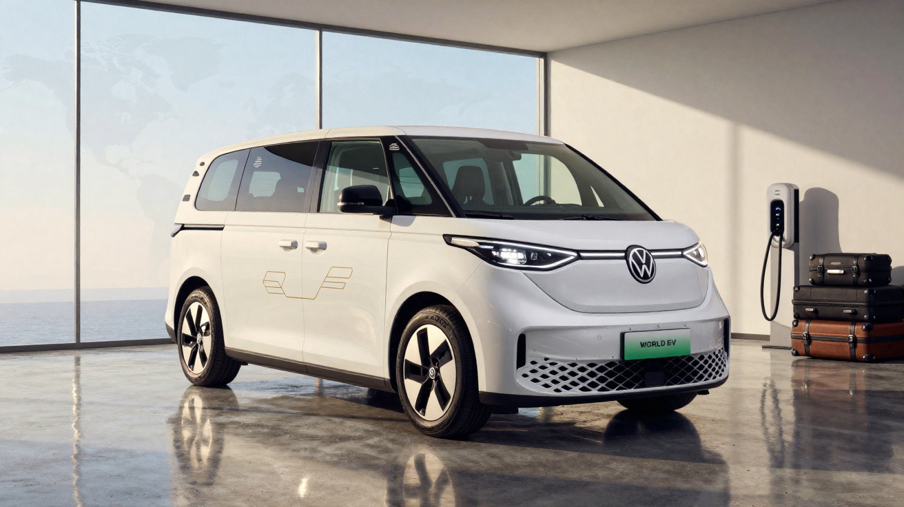Van elétrica branca Volkswagen ID. Buzz estacionada em garagem moderna com piso refletivo e parede de vidro.