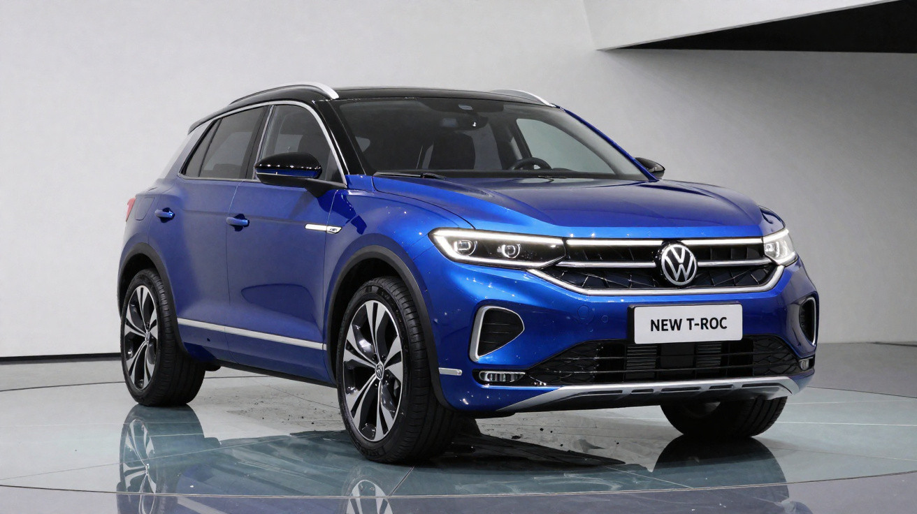 SUV Volkswagen T-Roc azul em estúdio com fundo branco, vista frontal em ângulo.