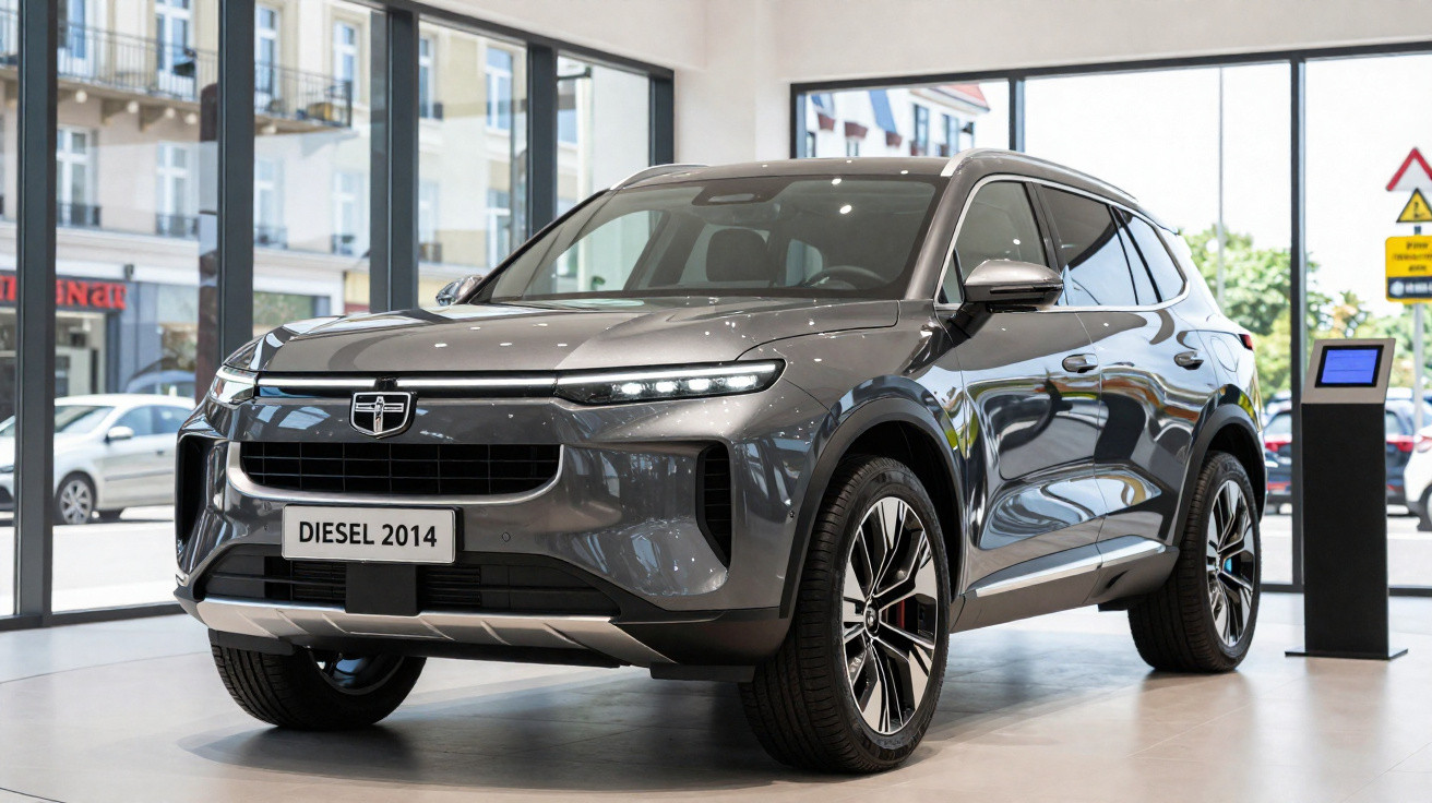 SUV cinza moderno em exposição dentro de showroom com iluminação natural e amplo vidro.