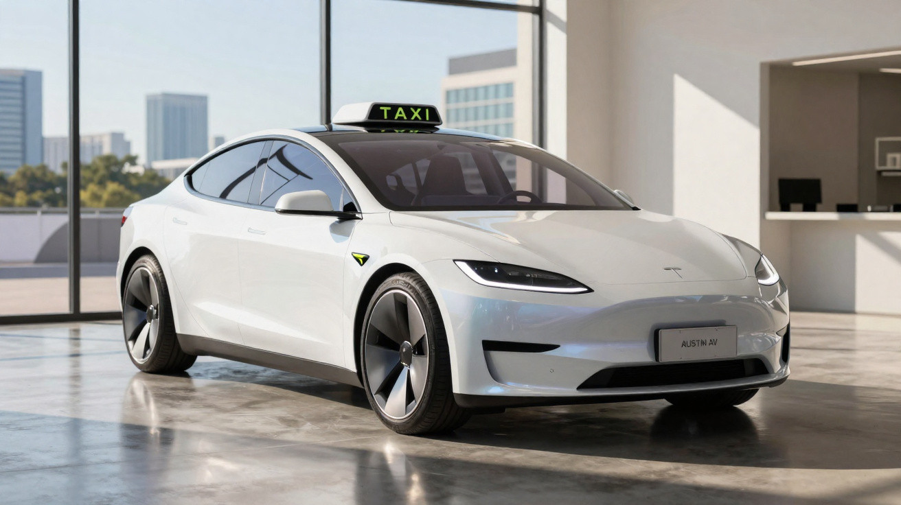Carro elétrico Tesla branco com placa de táxi, estacionado em ambiente interno moderno.