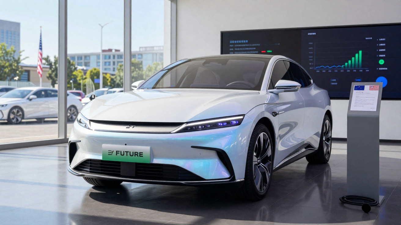 Carro elétrico branco moderno em exposição interna com placa "FUTURE" e painel digital ao fundo.