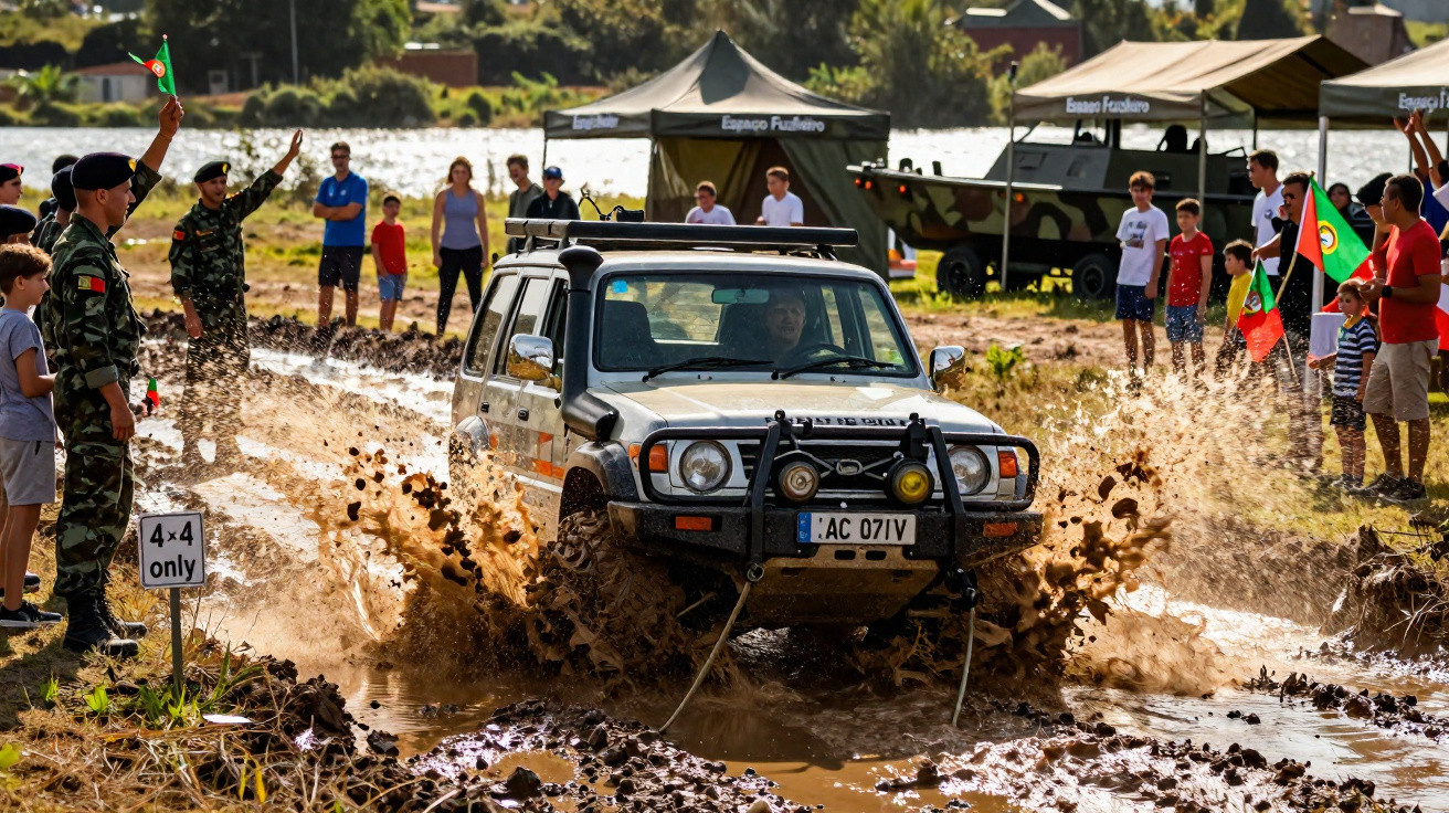 Veículo 4x4 cruzando lamaçal com militares e público observando em evento ao ar livre à beira de rio.
