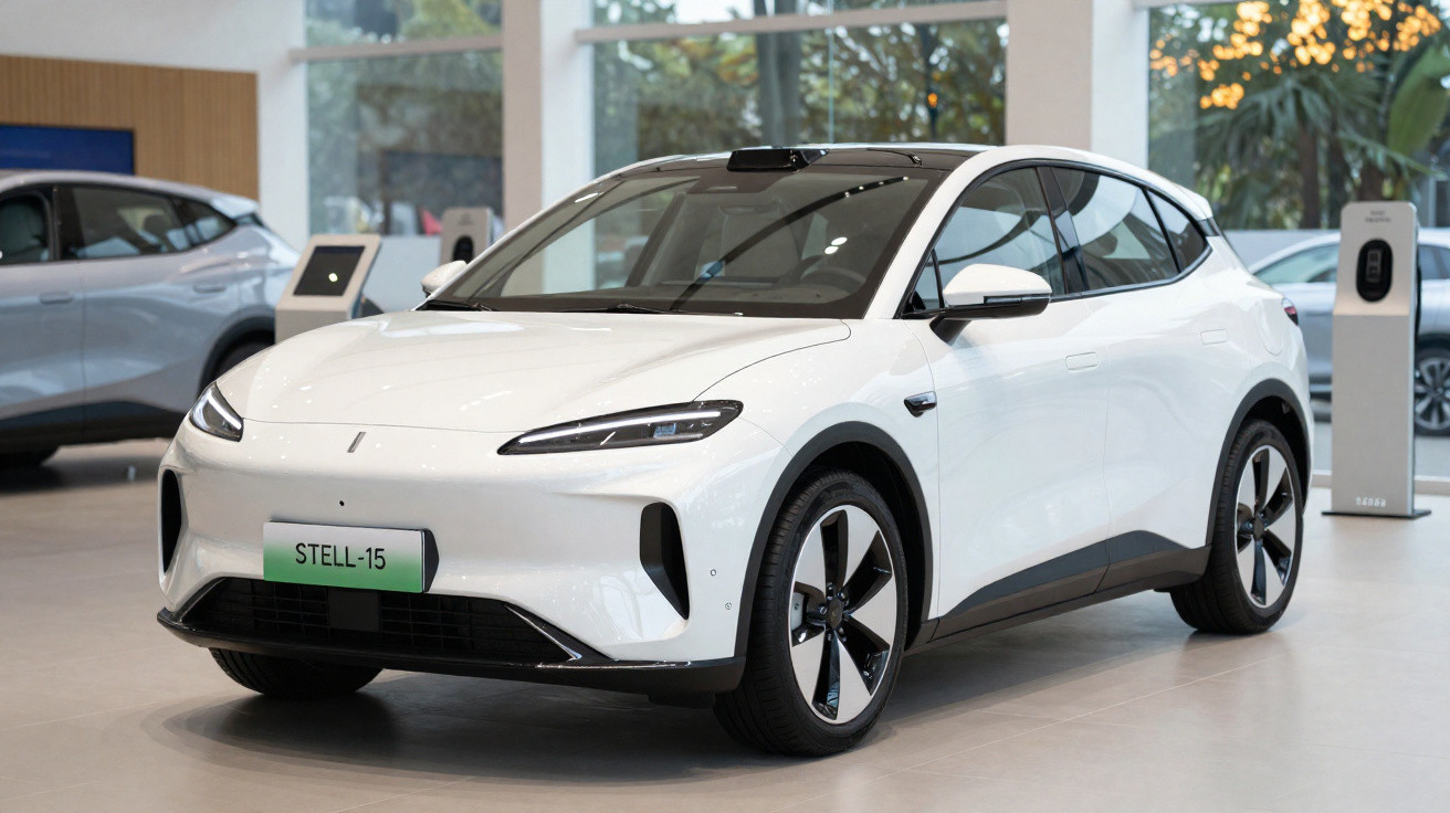 Carro elétrico branco modelo Stell-15 em exposição dentro de showroom com acabamento moderno e arrojado.