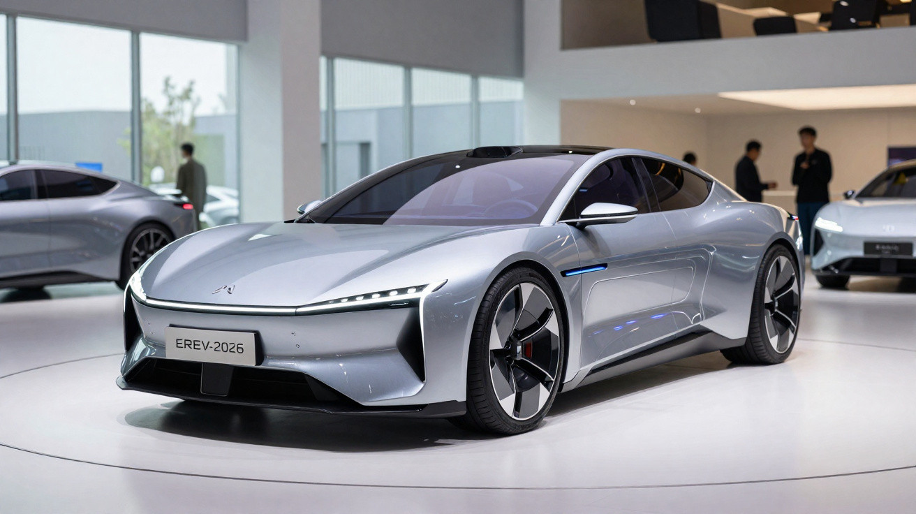 Carro elétrico cinza prateado com design futurista exibido em salão de veículos moderno.