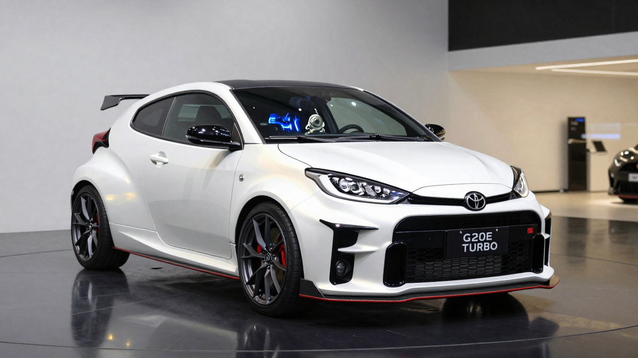 Carro esportivo branco Toyota G20E Turbo estacionado em ambiente interno com teto baixo.