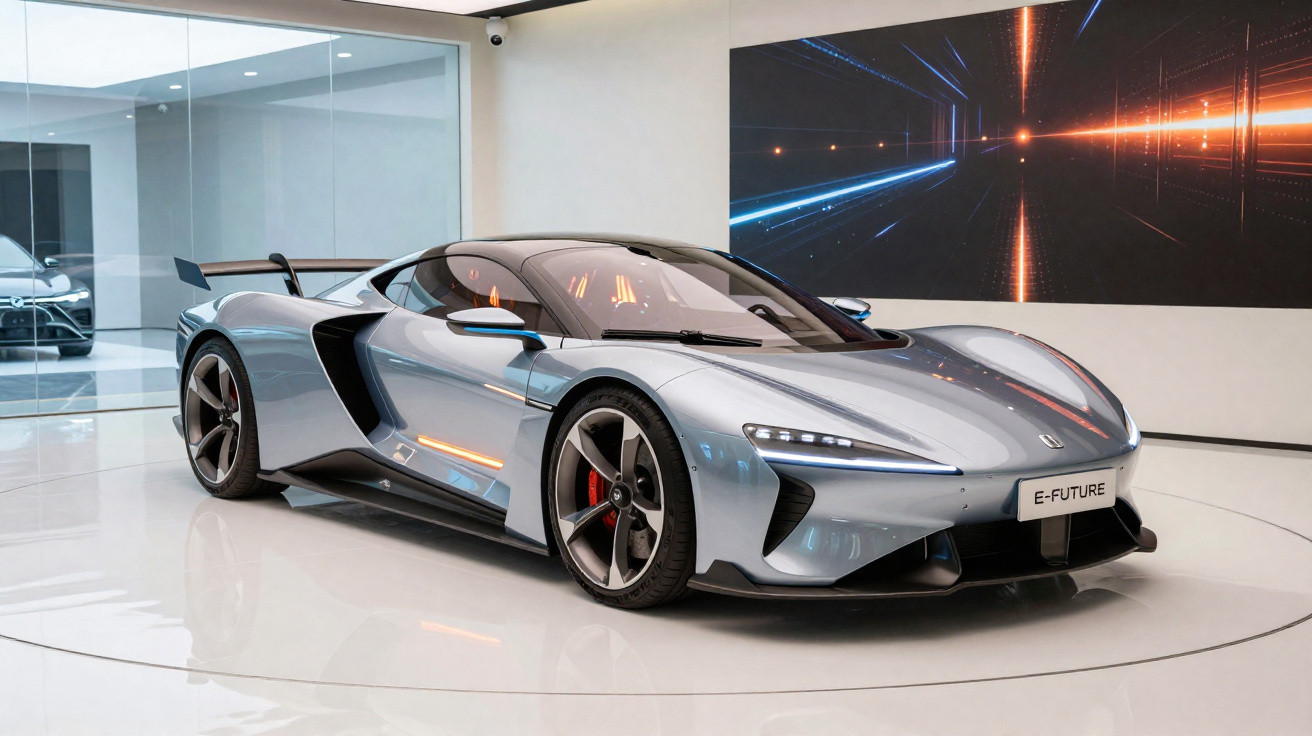 Carro esportivo prateado futurista em exposição interna, com painel digital ao fundo e placas E-FUTURE.