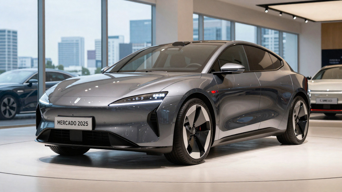 Carro elétrico cinza metálico moderno exposto em showroom com luz natural e outras vitrines ao fundo.